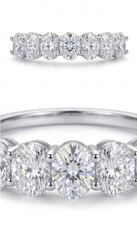 Close-up of Sevenfold moissanite ring revealing intricate 7 oval stone hand set detail in 925 sterling silver.