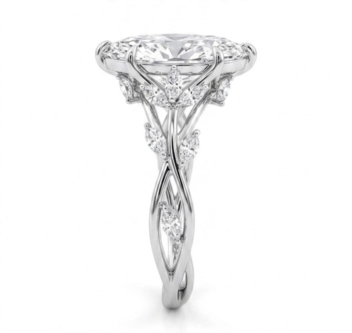 Side view of Sylvane Verdant moissanite ring, 3.6ctw fully hand set in 925 sterling silver.