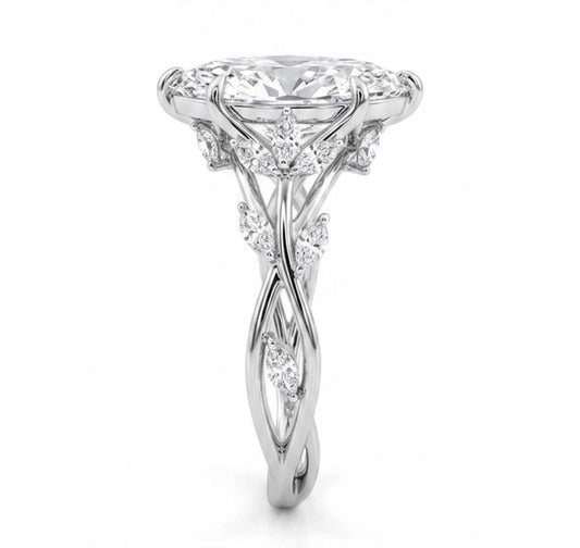Side view of Sylvane Verdant moissanite ring, 3.6ctw fully hand set in 925 sterling silver.