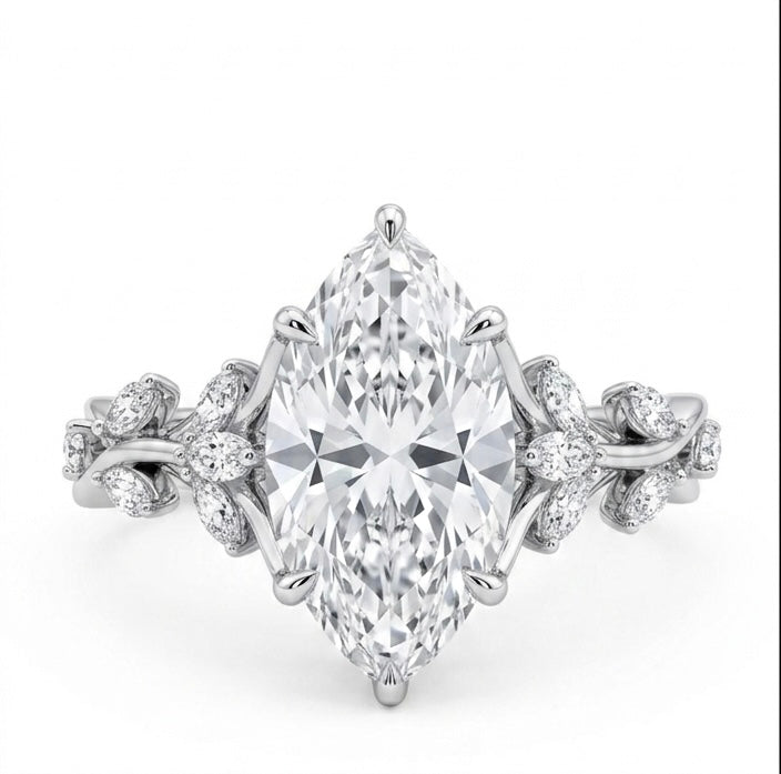 Front view of Sylvane Verdant moissanite ring, 3.6ctw fully hand set stones in 925 sterling silver on white background.