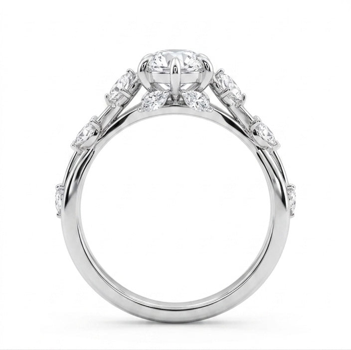 Sylvane Verdant moissanite ring standing upright, front view showing full 3.6ctw hand set stone design in sterling silver.