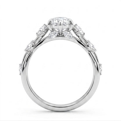 Sylvane Verdant moissanite ring standing upright, front view showing full 3.6ctw hand set stone design in sterling silver.
