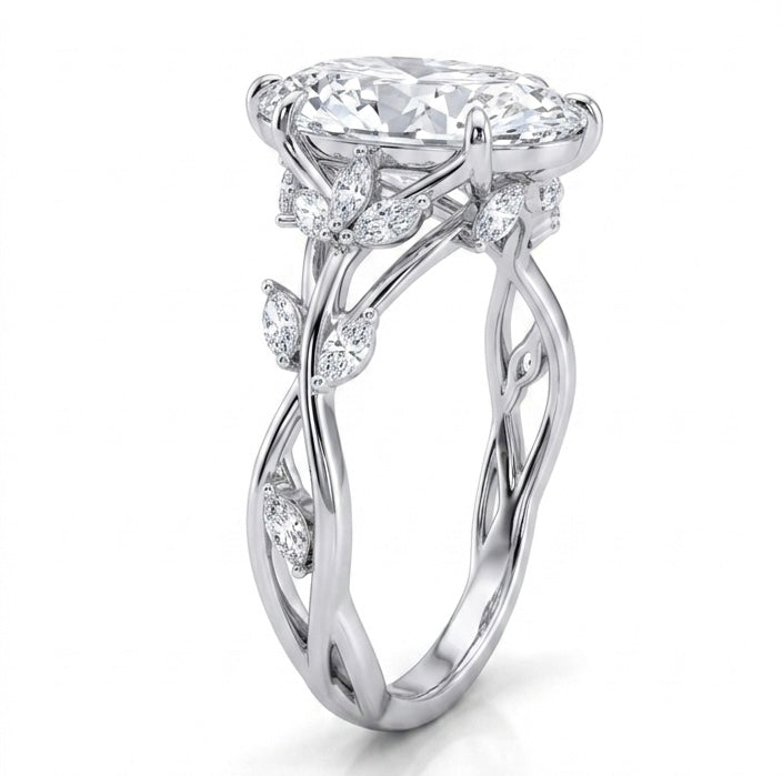 45-degree view of Sylvane Verdant moissanite ring, 3.6ctw fully hand set in polished 925 sterling silver.