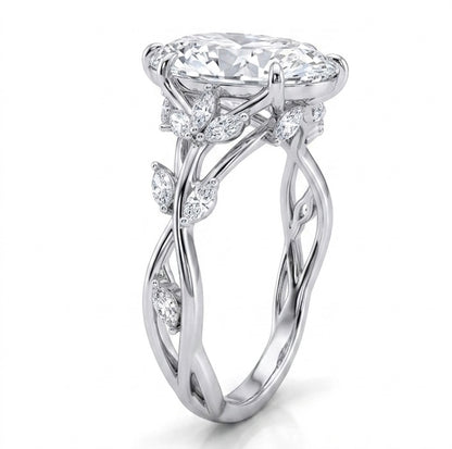 45-degree view of Sylvane Verdant moissanite ring, 3.6ctw fully hand set in polished 925 sterling silver.