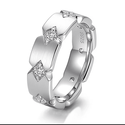45-degree view of Nama moissanite ring, 3.6ctw fully hand set in polished sterling silver.