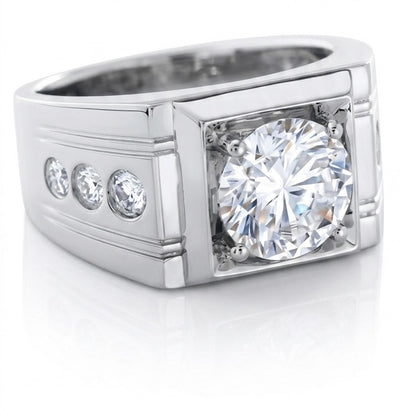 45-degree view of Empire moissanite ring, 2ct centre stone 2.3ctw in polished sterling silver.