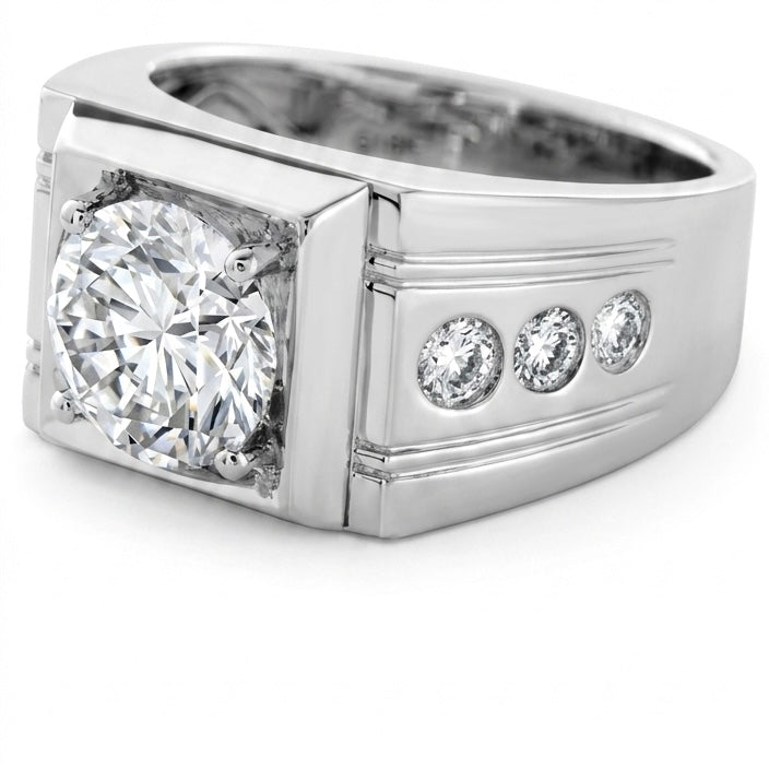 Side profile of Empire moissanite ring, 2ct main stone 2.3ctw hand set in 925 sterling silver.