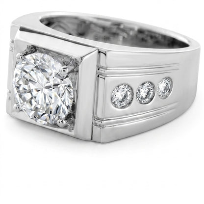 Side profile of Empire moissanite ring, 2ct main stone 2.3ctw hand set in 925 sterling silver.