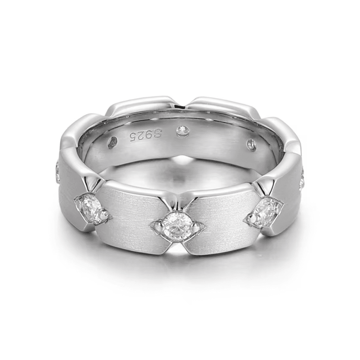 Top-down view of Nama moissanite ring showing full 3.6ctw hand set stone layout in sterling silver.