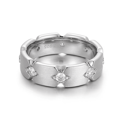 Top-down view of Nama moissanite ring showing full 3.6ctw hand set stone layout in sterling silver.