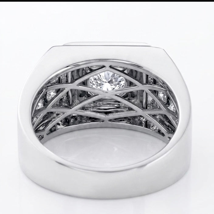 Back view of Empire moissanite ring showing secure hand set setting in 925 sterling silver.