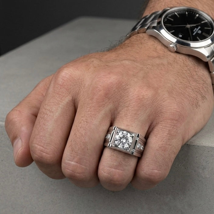 Empire moissanite ring worn on male model's finger, 2ct main stone 2.3ctw sterling silver.