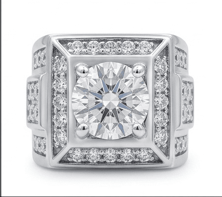 Front view of Valor moissanite ring, 1ct main stone 2.5ctw total, hand set in 925 sterling silver on white background.