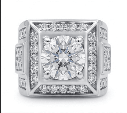Front view of Valor moissanite ring, 1ct main stone 2.5ctw total, hand set in 925 sterling silver on white background.