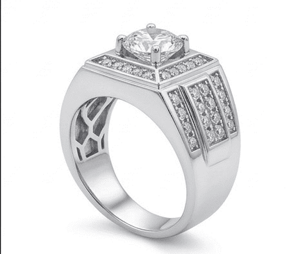 45-degree view of Valor moissanite ring, 1ct main stone 2.5ctw fully hand set in 925 sterling silver.