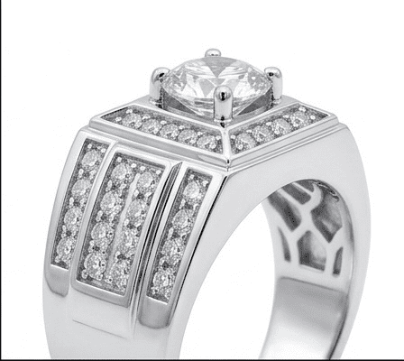 Close-up 45-degree view of Valor moissanite ring showcasing brilliant 1ct main stone in 925 sterling silver.