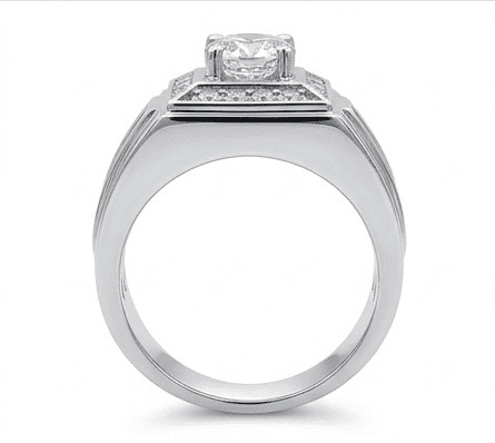 Valor moissanite ring standing upright, front view showing 1ct main stone 2.5ctw in 925 sterling silver.
