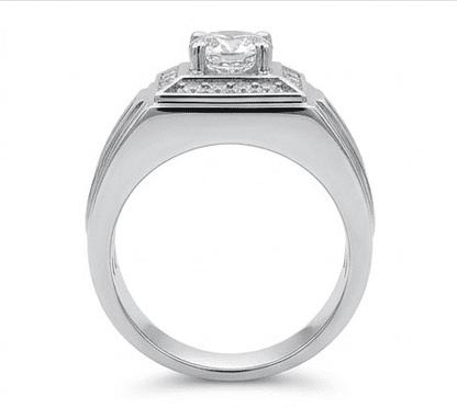 Valor moissanite ring standing upright, front view showing 1ct main stone 2.5ctw in 925 sterling silver.