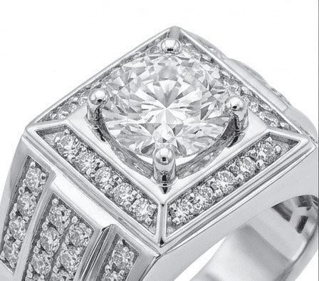 Diamond ring with a prominent central stone and smaller diamonds around on a white background