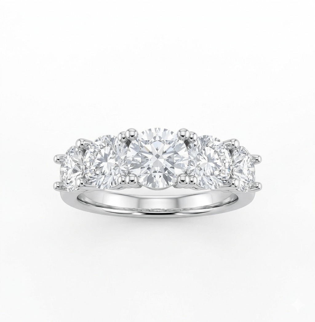 Diamond ring with five round-cut diamonds on a white background