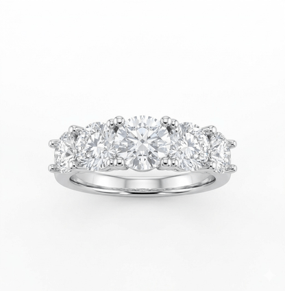 Diamond ring with five round-cut diamonds on a white background