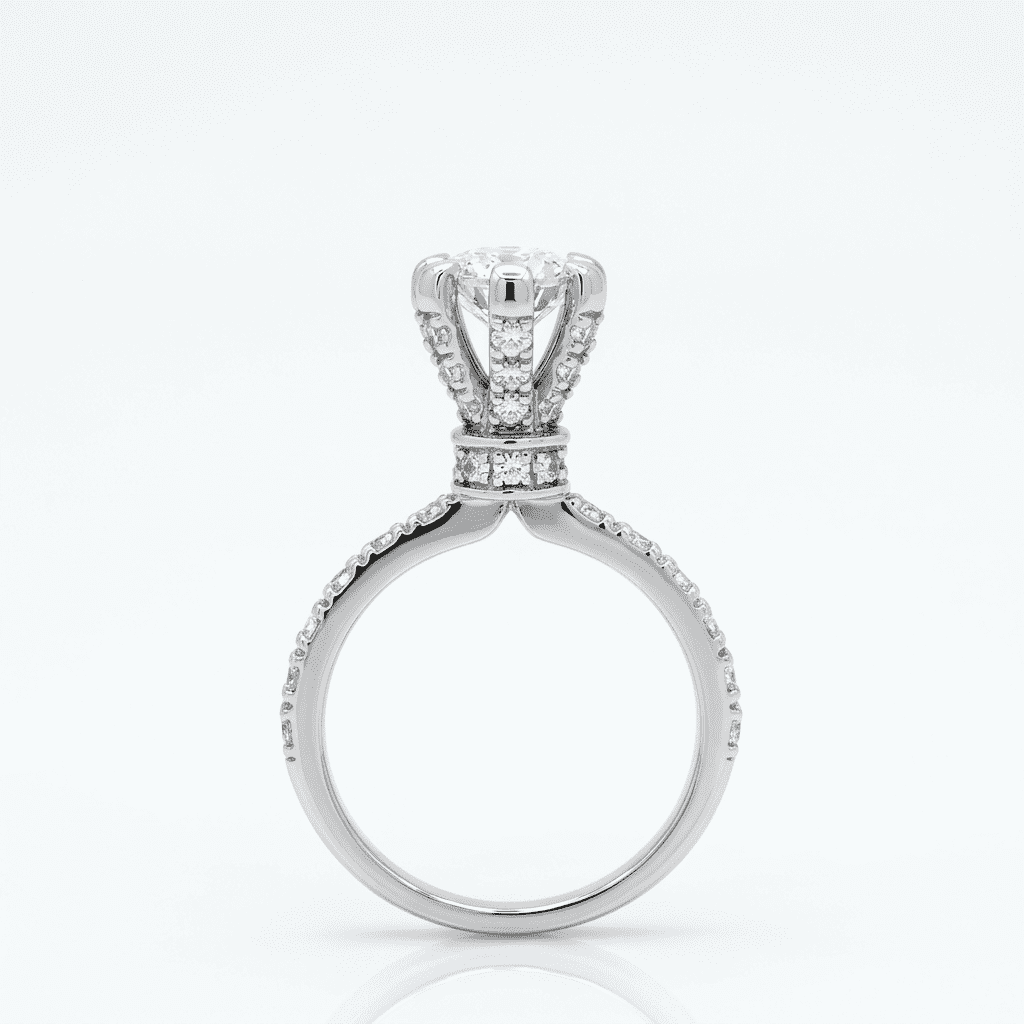 Diamond ring with high setting a white background