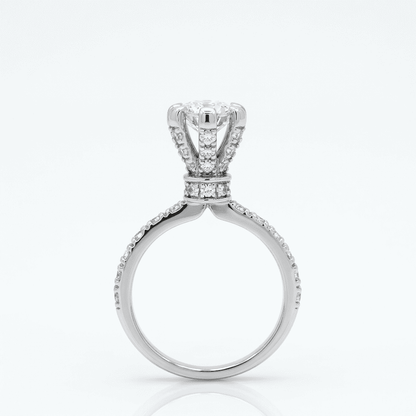 Diamond ring with high setting a white background