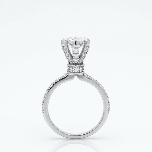 Diamond ring with high setting a white background