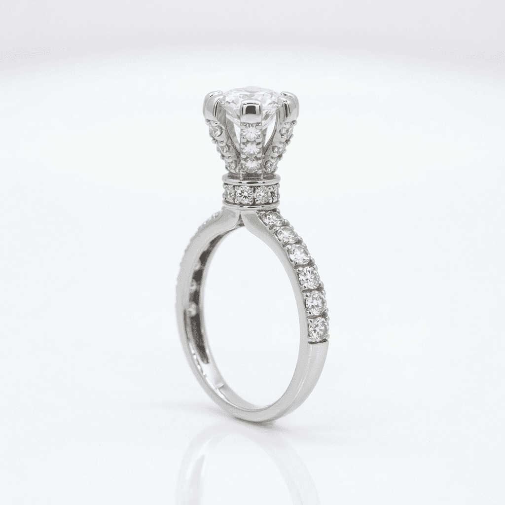 45 degree look of a silver moissanite high setting ring with a white background