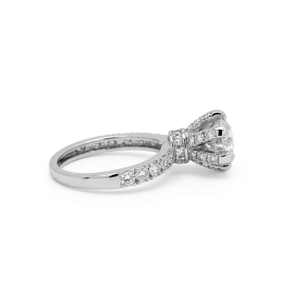 side profile of a silver moissanite high setting ring with a white background
