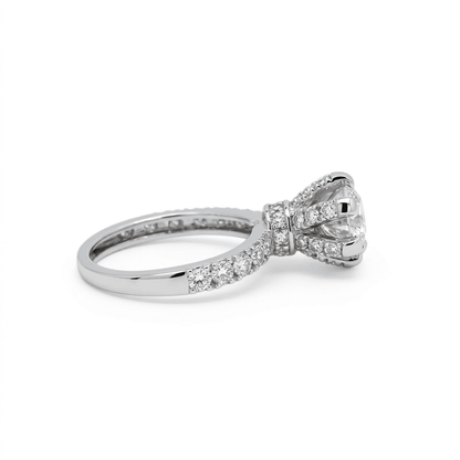 side profile of a silver moissanite high setting ring with a white background