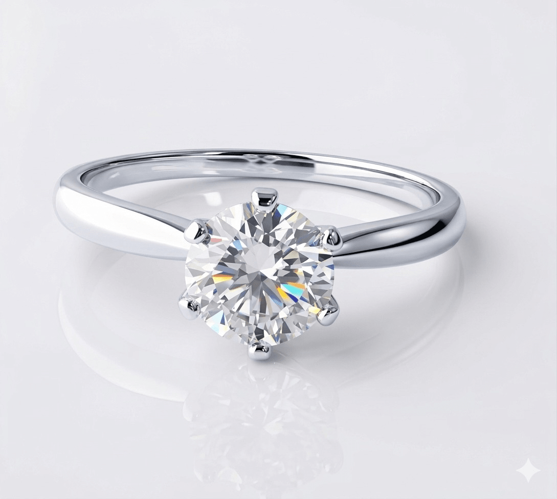 Moissanite ring on a light gray background