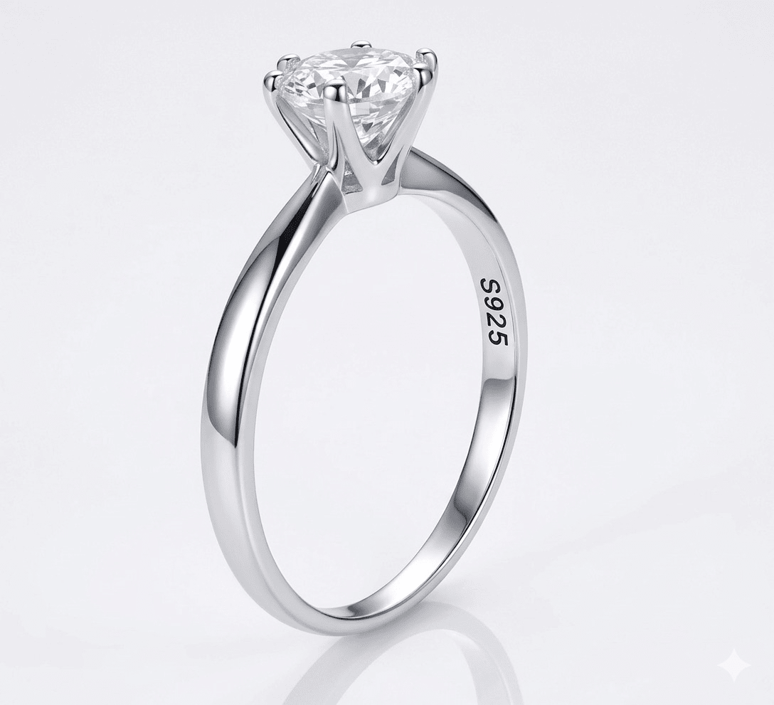 Silver ring with a moissanite on a light gray background