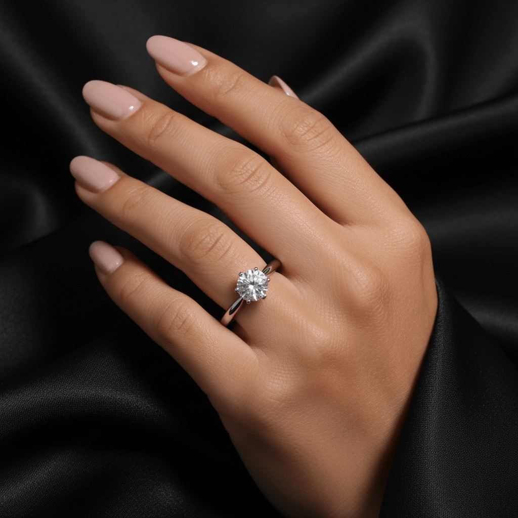 Hand wearing a moissanite ring on black fabric