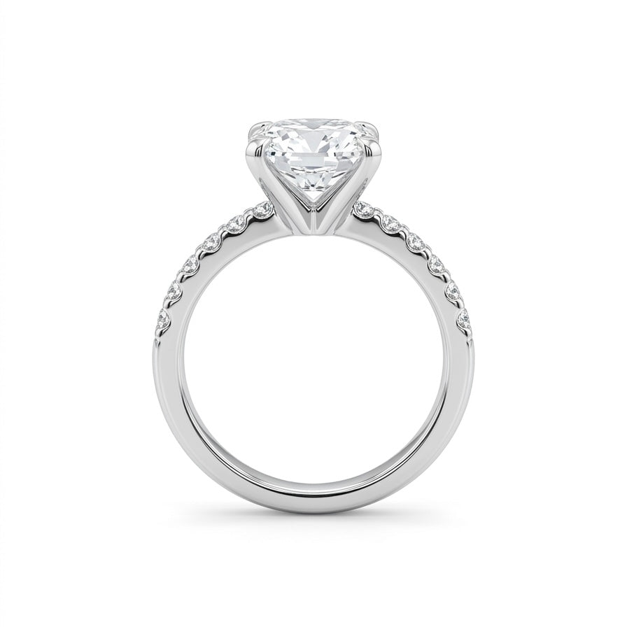 Radiant moissanite engagement ring in 925 sterling silver rhodium plated with pave band. Sparkling diamond alternative.
