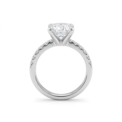 Radiant moissanite engagement ring in 925 sterling silver rhodium plated with pave band. Sparkling diamond alternative.
